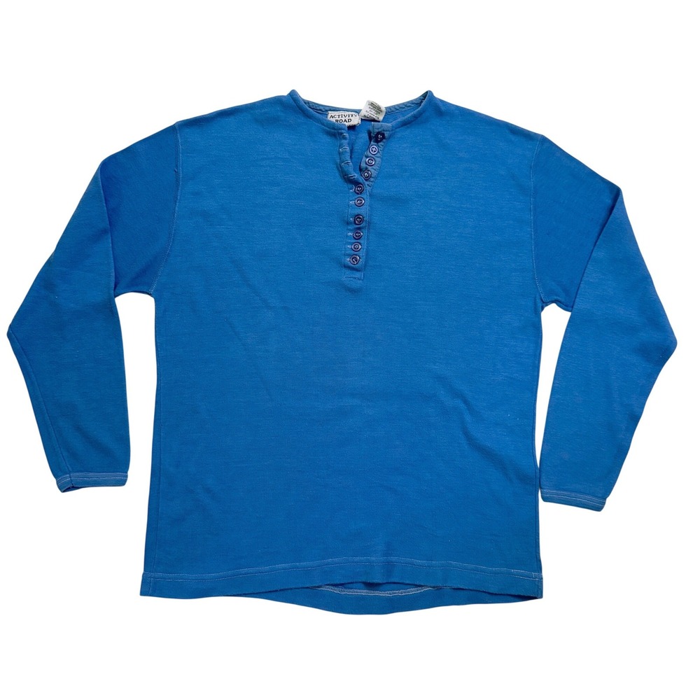 VTG 90's Activity Road Henley Top Size M Blue Long Sleeve Button Casual Cotton